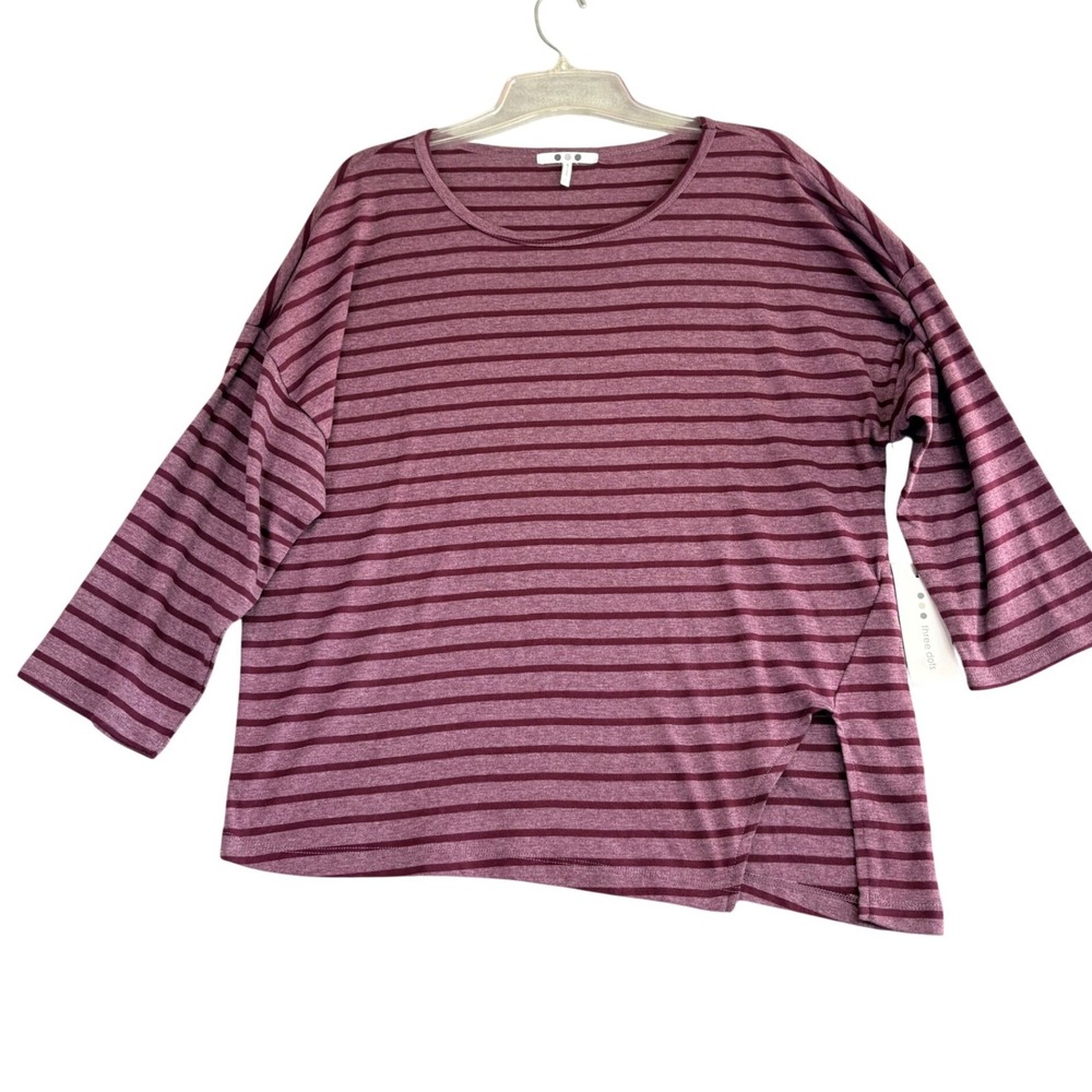 Three Dots Womens‎ L Striped Knit Top Burgundy Maroon Slit Hem Dolman Sleeve NWT